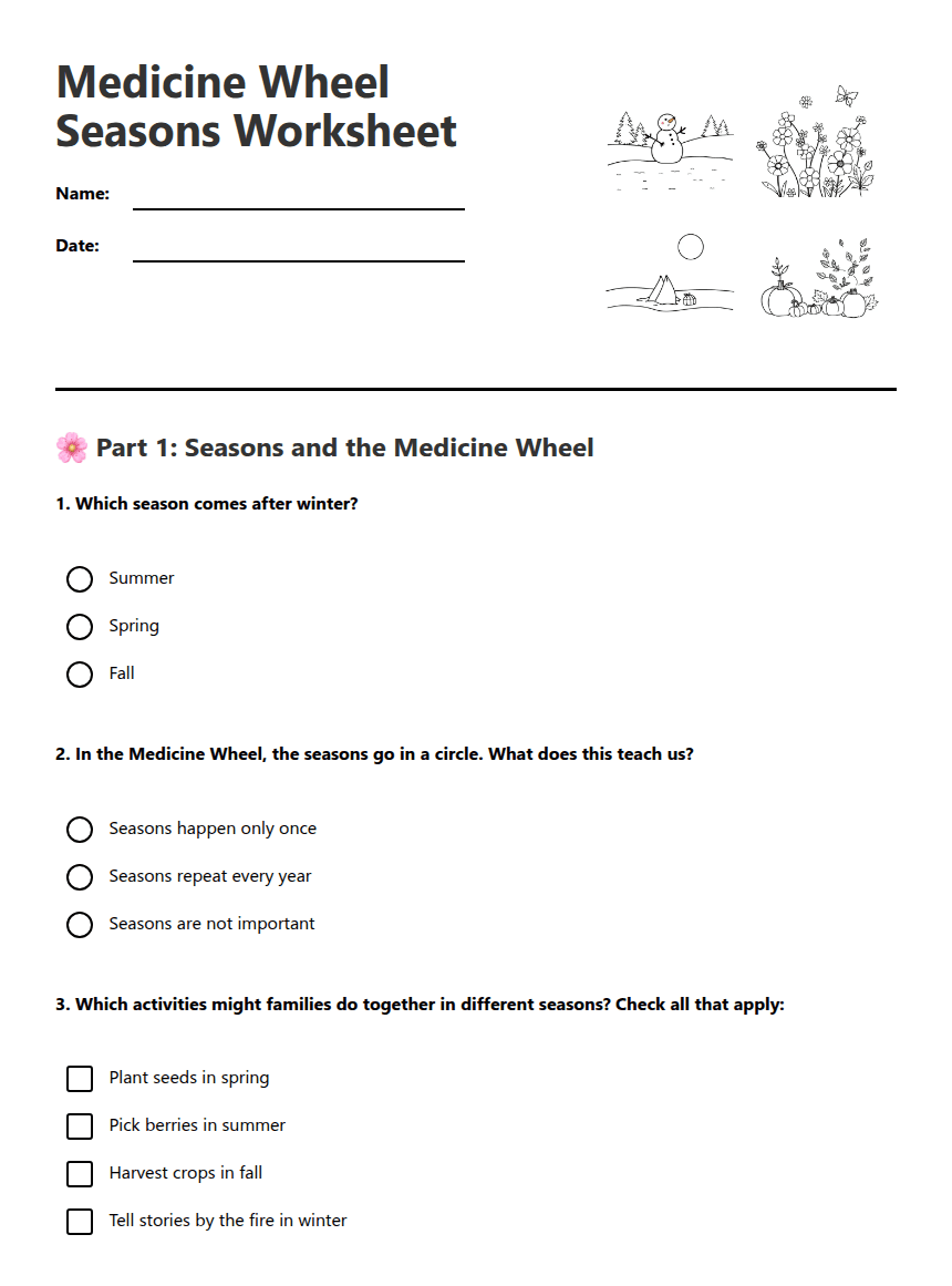 Medicine Wheel Seasons Worksheet worksheet preview