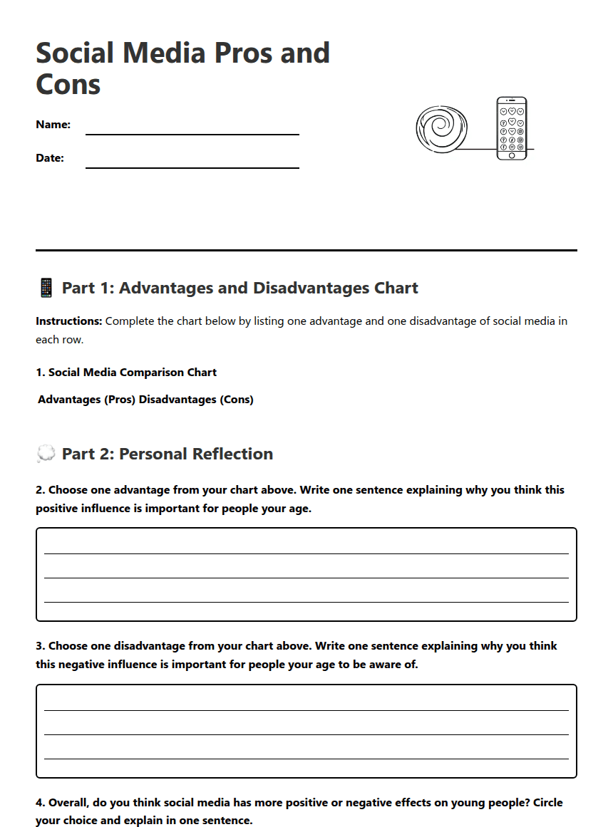 Social Media Pros Cons worksheet preview