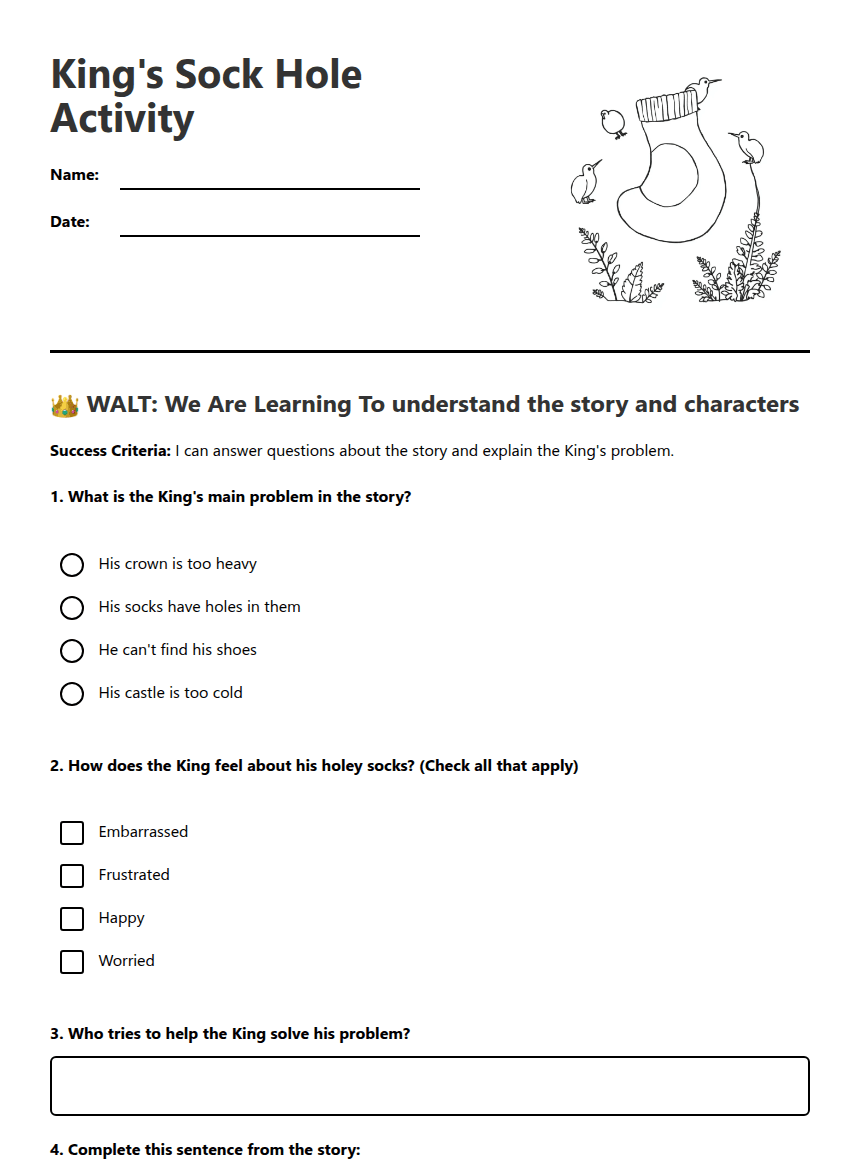 King's Sock Hole Activity worksheet preview