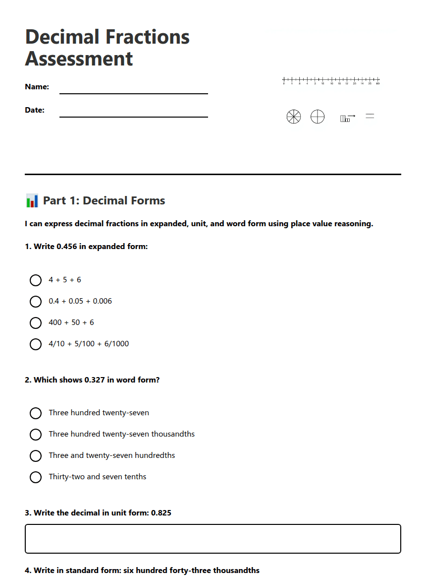Decimal Fractions Assessment worksheet preview