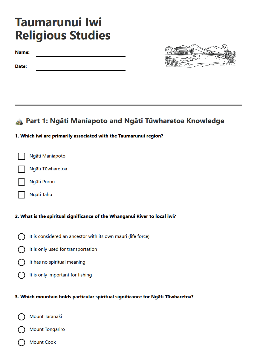 Taumarunui Iwi Religious Studies worksheet preview