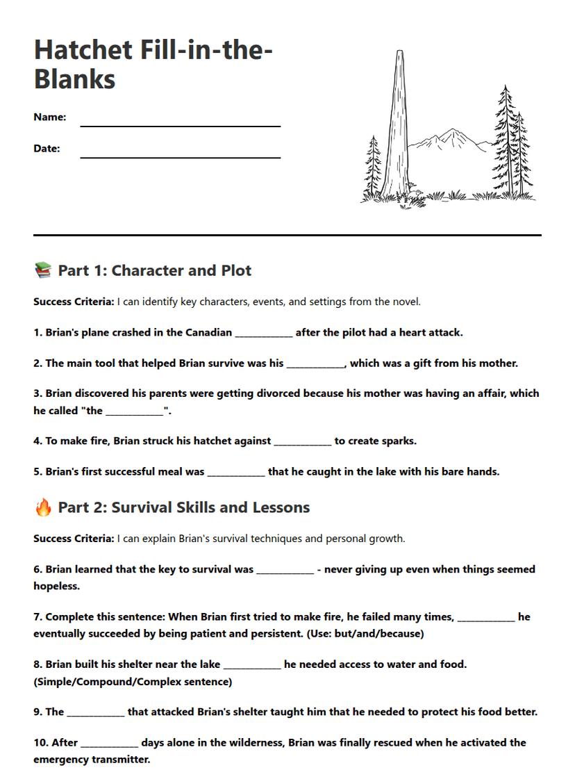 Hatchet Fill-in-the-Blanks
