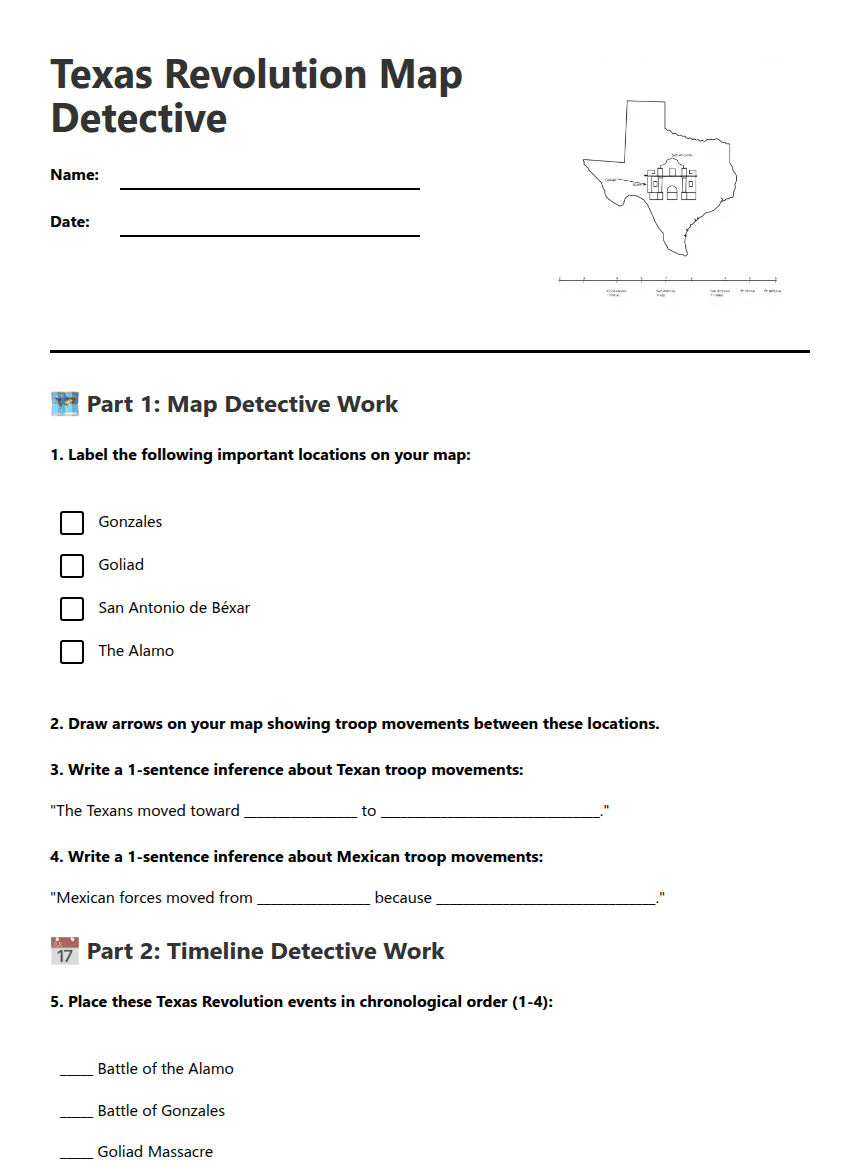Texas Revolution Map Detective worksheet preview