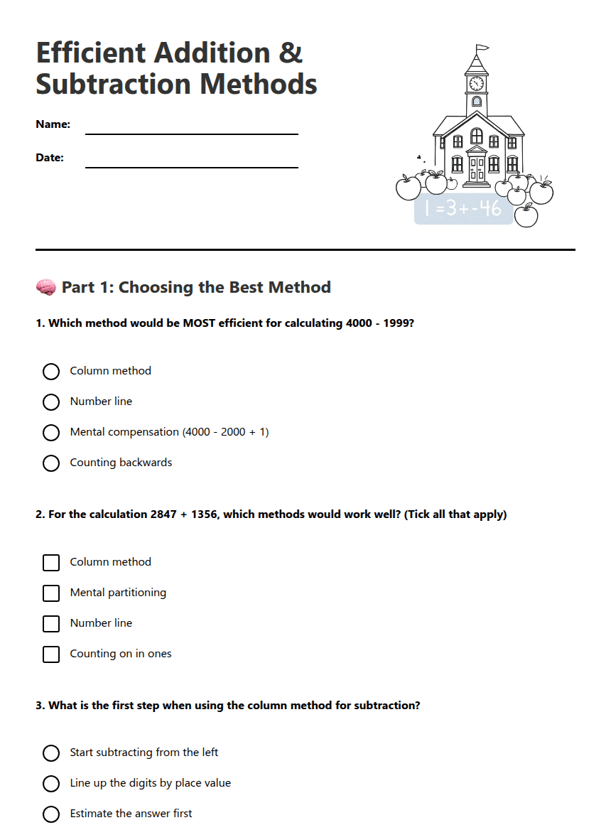 Efficient Addition Subtraction Methods worksheet preview
