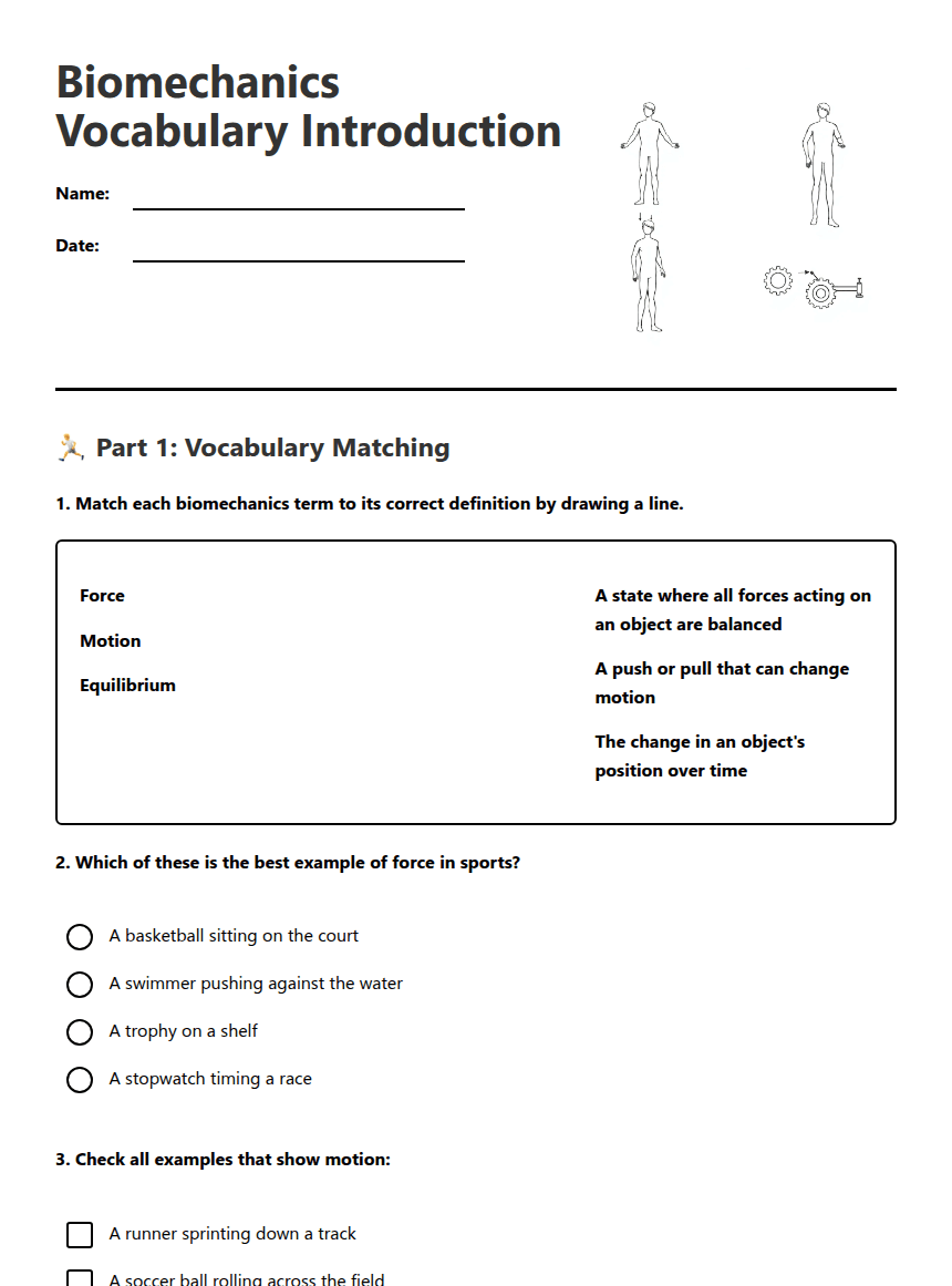 Biomechanics Vocabulary Introduction worksheet preview