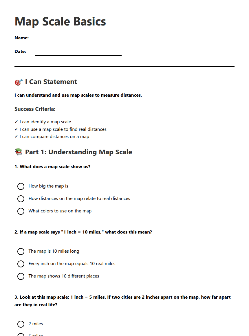 Map Scale Basics worksheet preview