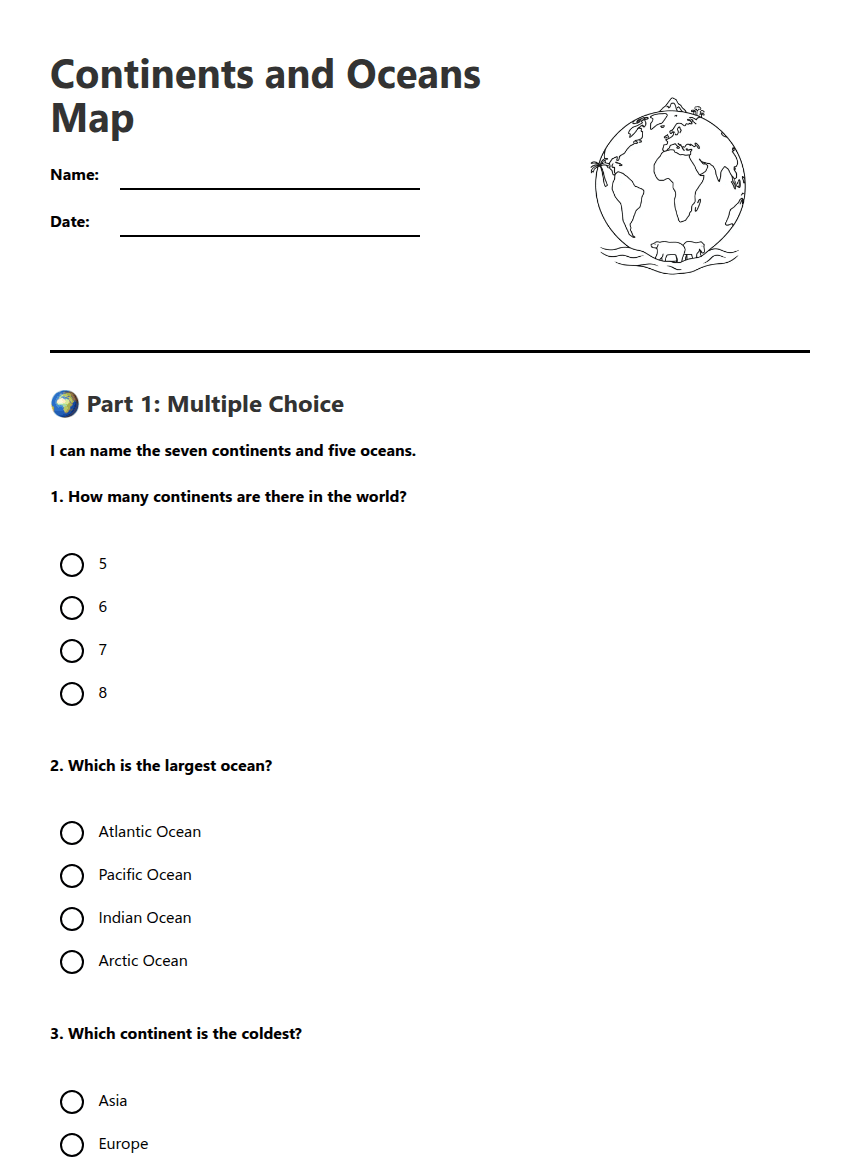 Continents and Oceans Map worksheet preview