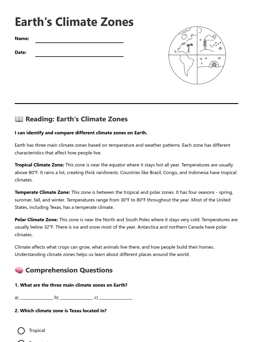 Earth's Climate Zones worksheet preview
