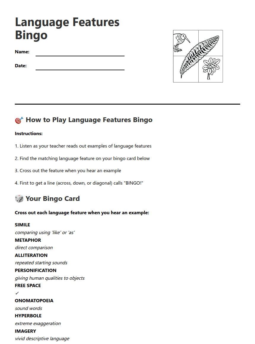 Language Features Bingo worksheet preview
