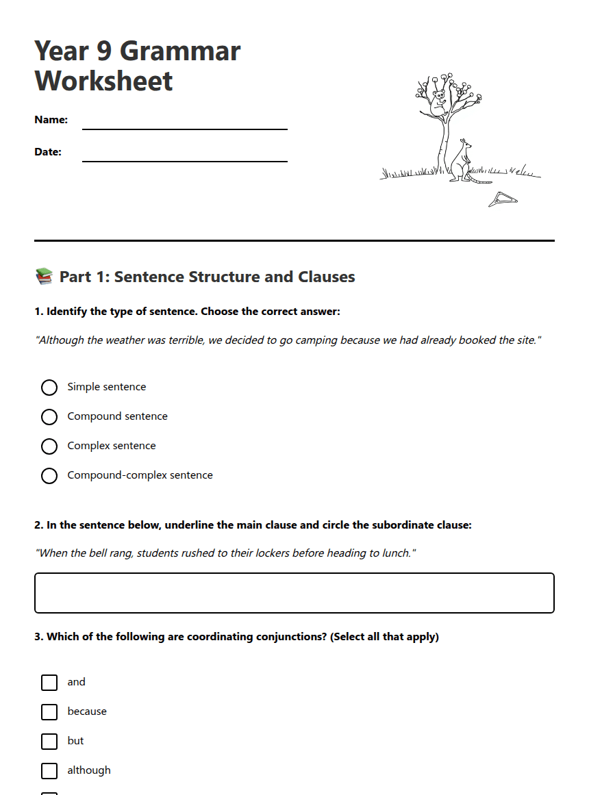 Year 9 Grammar Worksheet worksheet preview