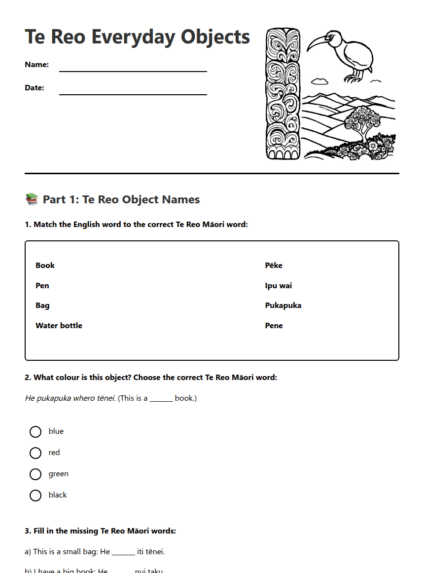 Te Reo Everyday Objects worksheet preview