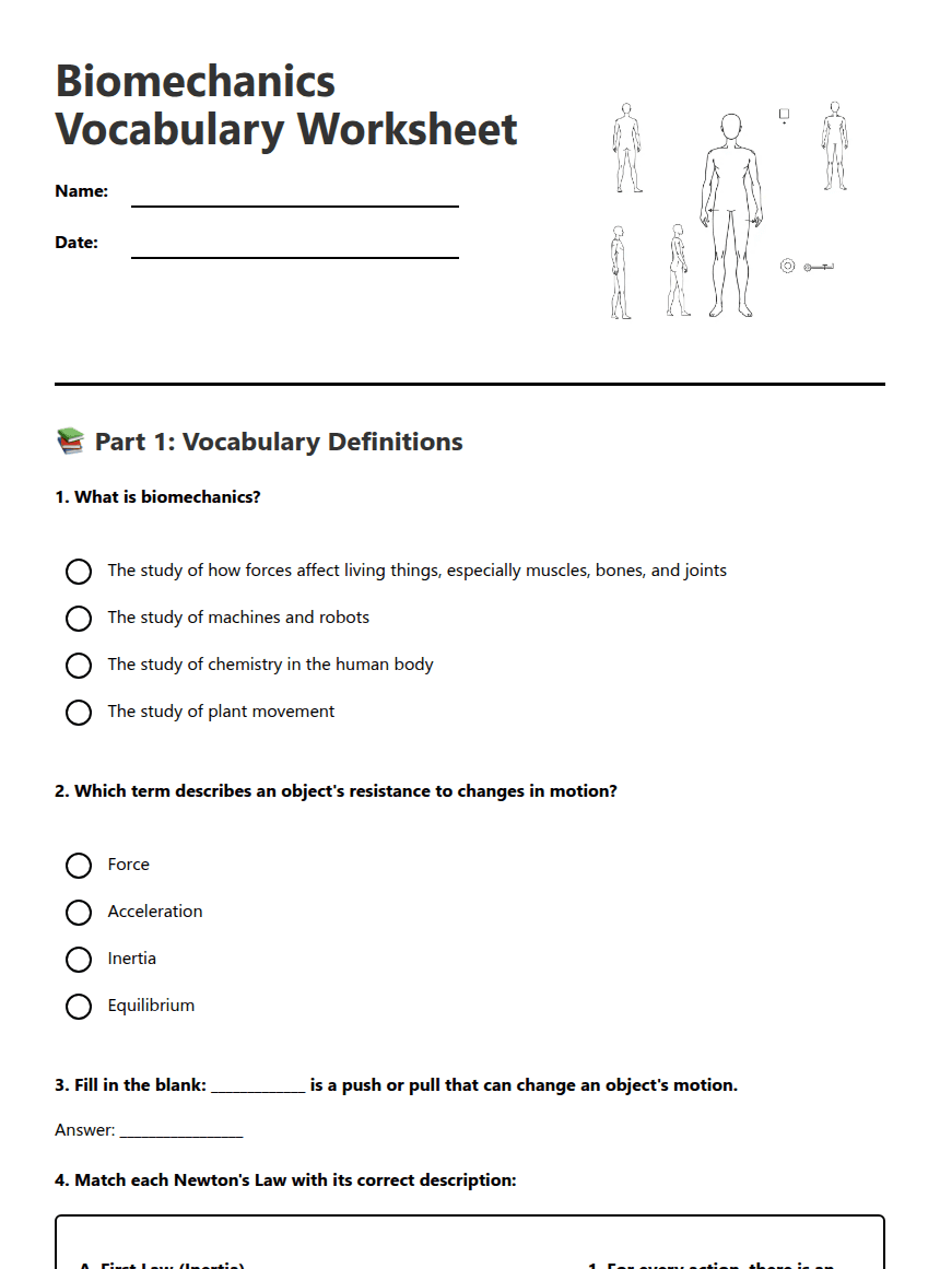 Biomechanics Vocabulary Worksheet worksheet preview