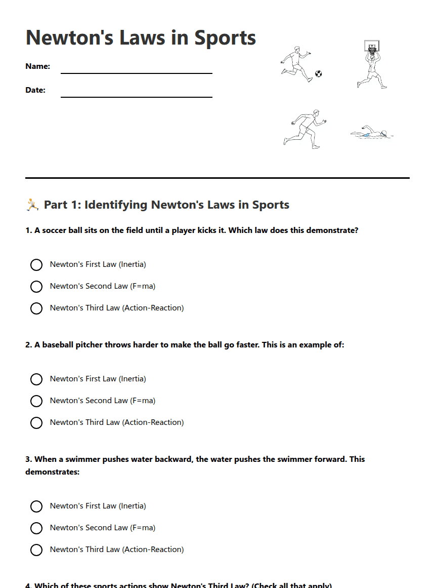 Newton's Laws in Sports worksheet preview