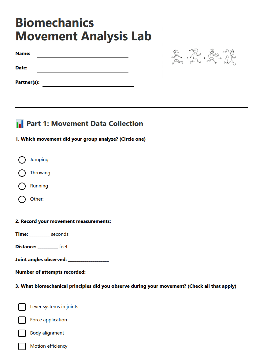 Biomechanics Movement Analysis Lab worksheet preview