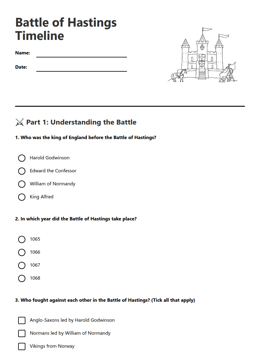 Battle of Hastings Timeline worksheet preview
