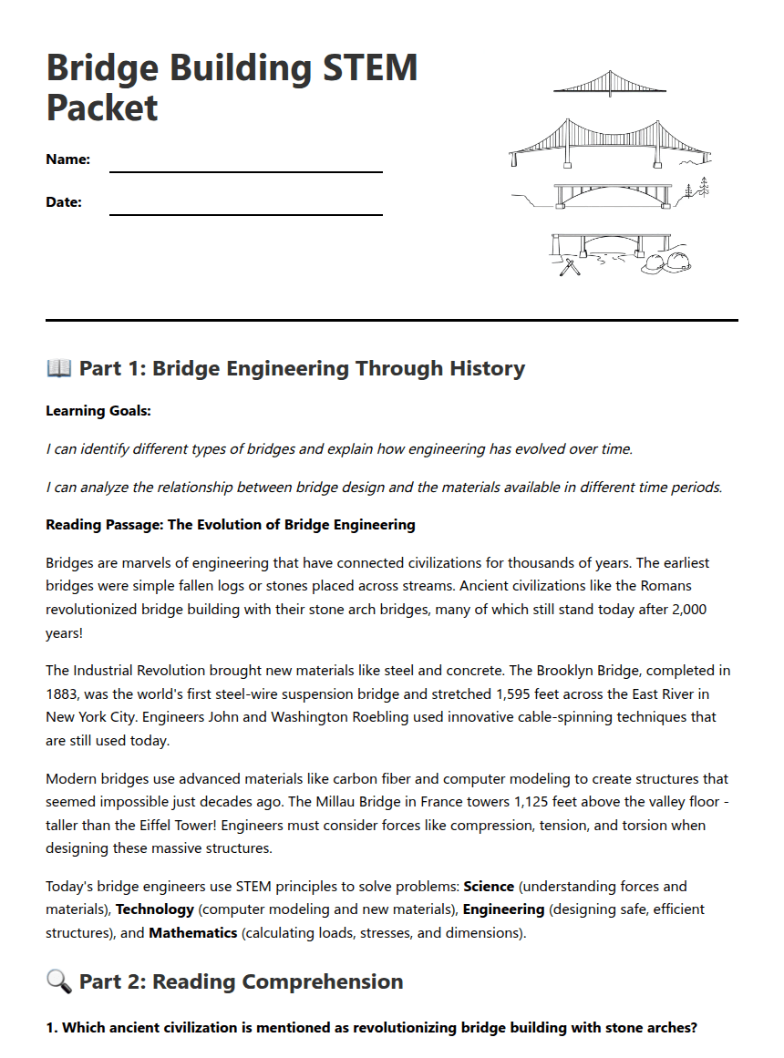 Bridge Building STEM Packet worksheet preview