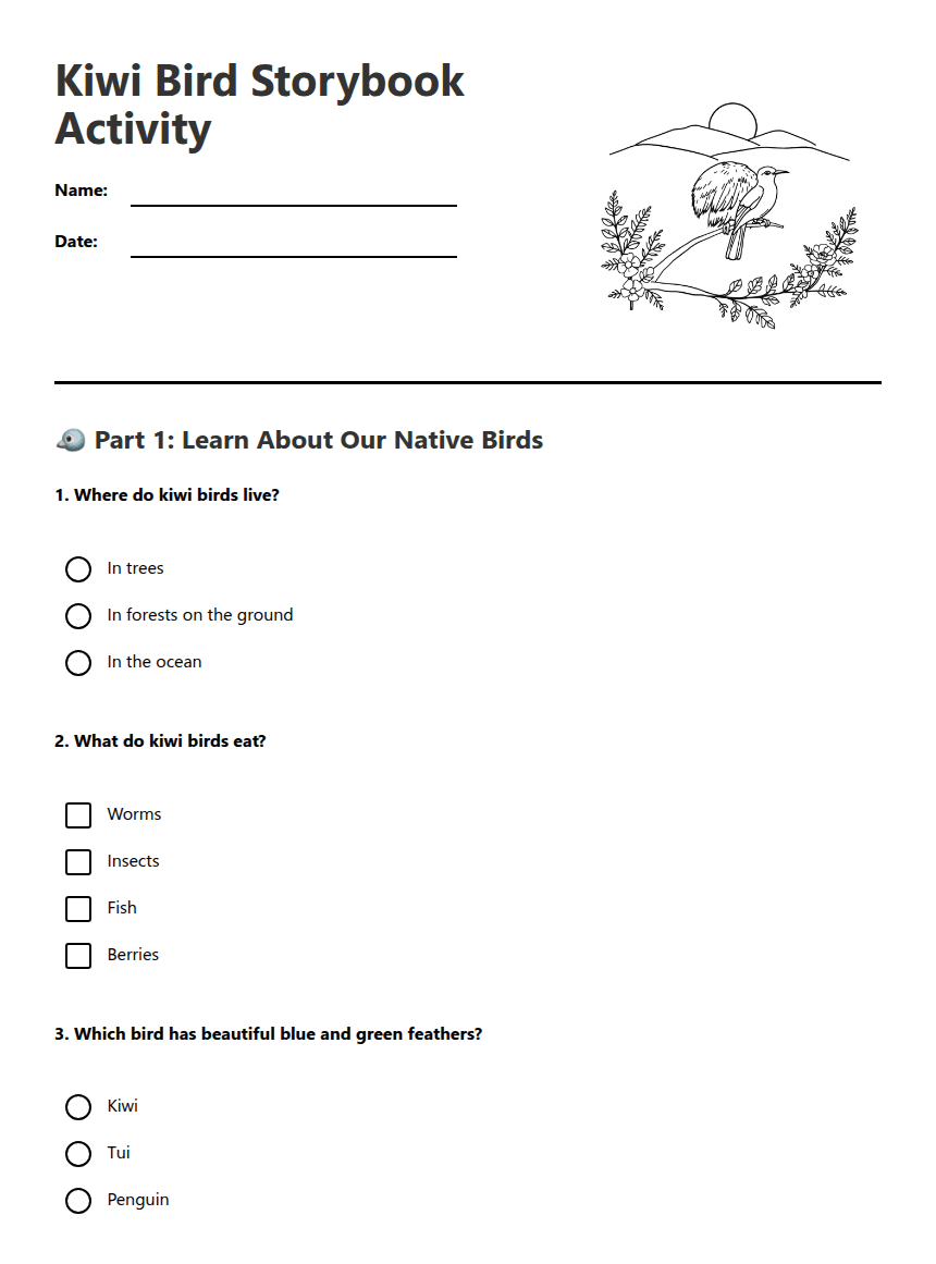 Kiwi Bird Storybook Activity worksheet preview