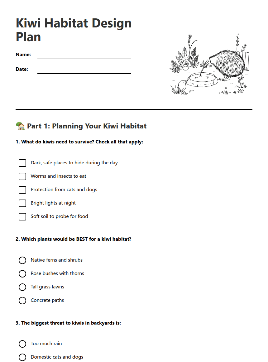 Kiwi Habitat Design Plan worksheet preview