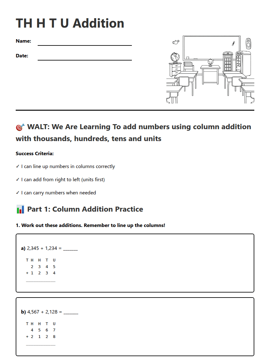 TH H T U Addition worksheet preview