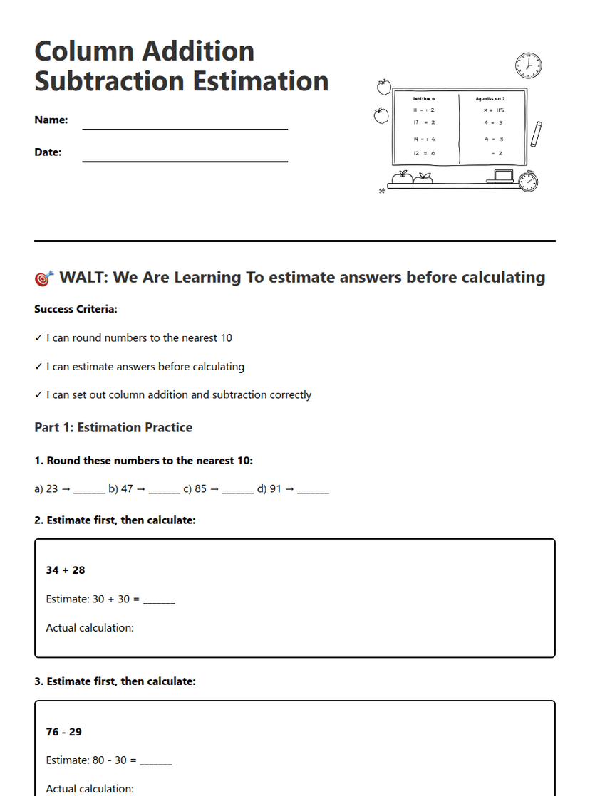 Column Addition Subtraction Estimation