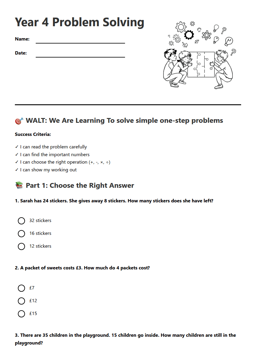 Year 4 Problem Solving worksheet preview