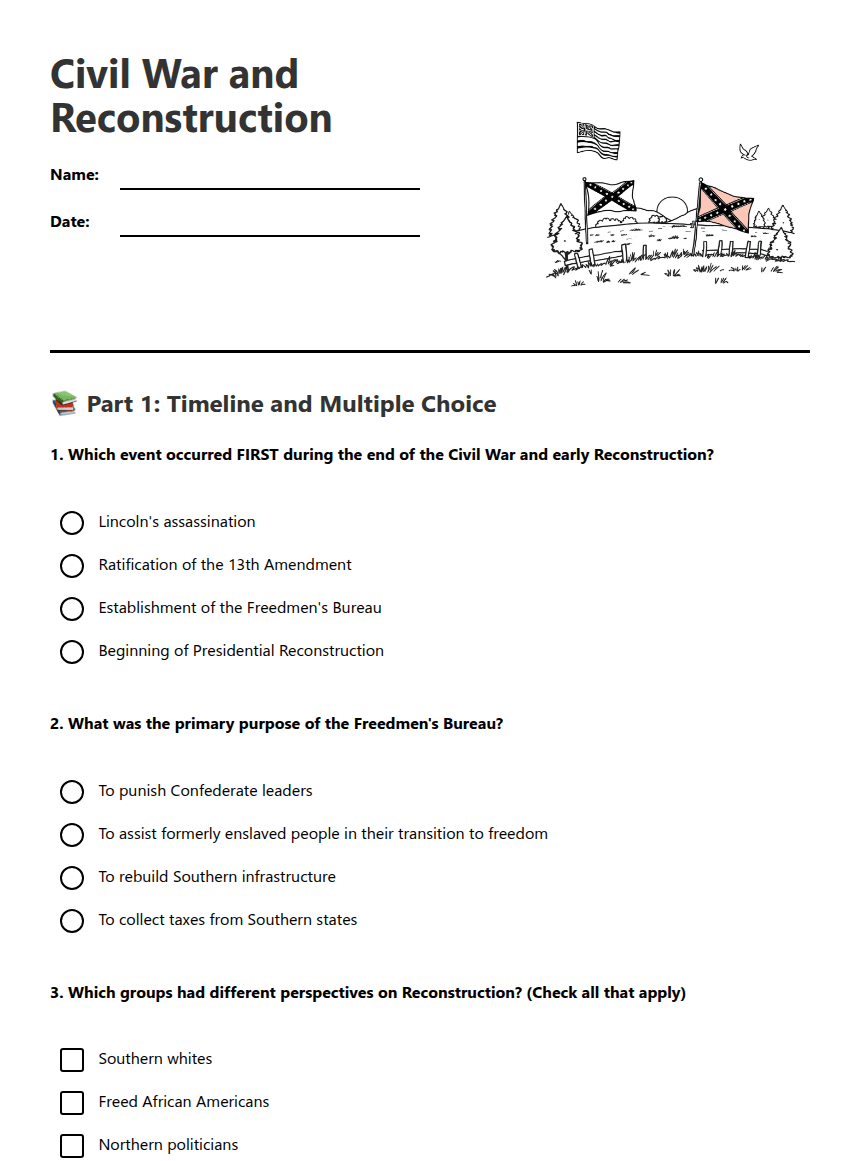 Civil War and Reconstruction worksheet preview