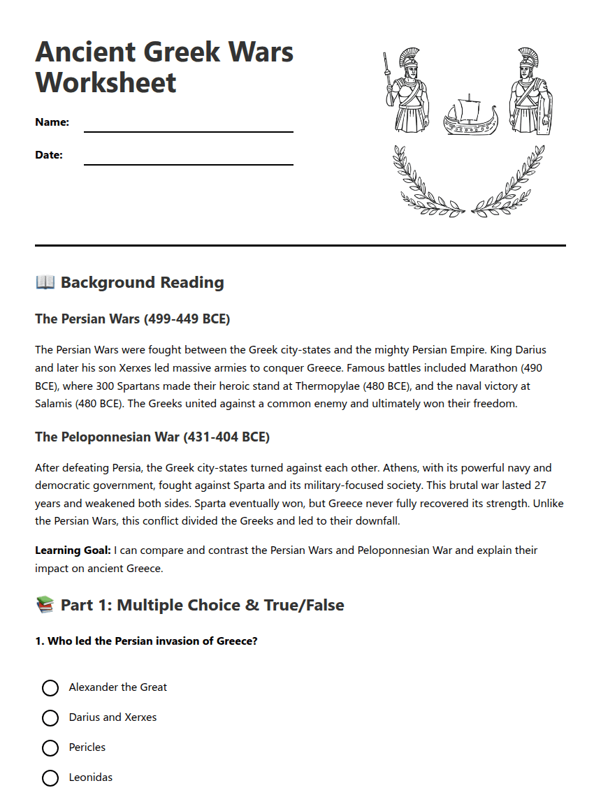Ancient Greek Wars Worksheet worksheet preview