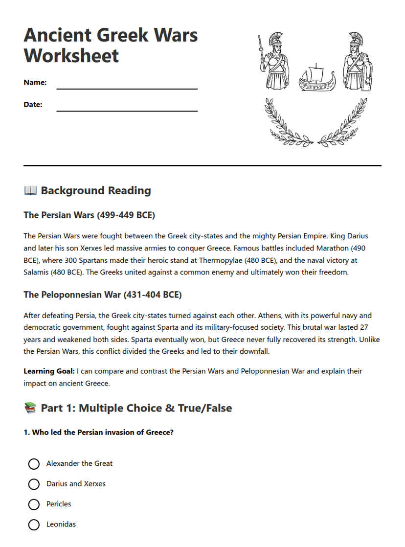 Ancient Greek Wars Worksheet