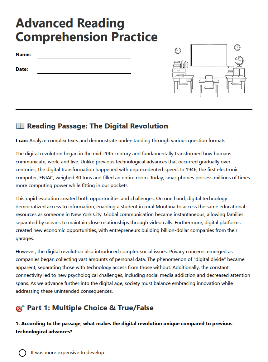 Advanced Reading Comprehension Practice worksheet preview