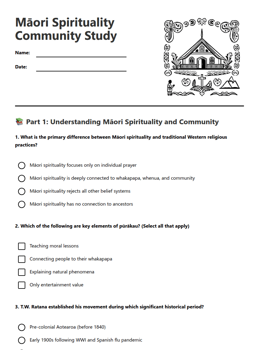 Māori Spirituality Community Study worksheet preview