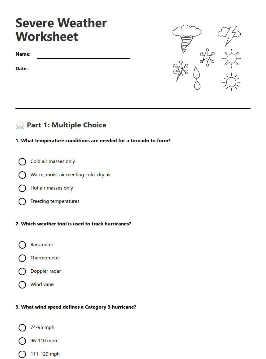 Severe Weather Worksheet worksheet preview