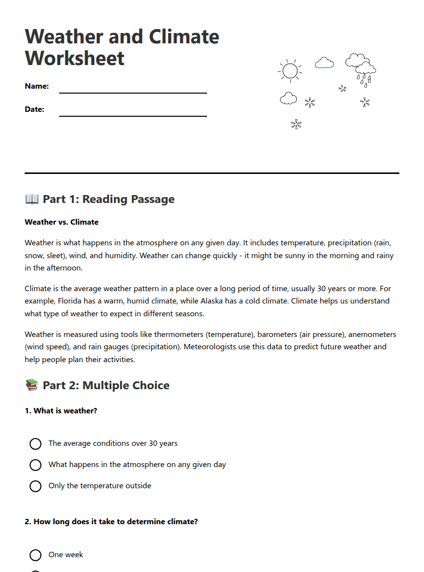Weather and Climate Worksheet worksheet preview
