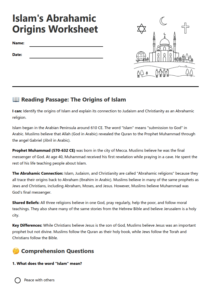 Islam's Abrahamic Origins Worksheet worksheet preview
