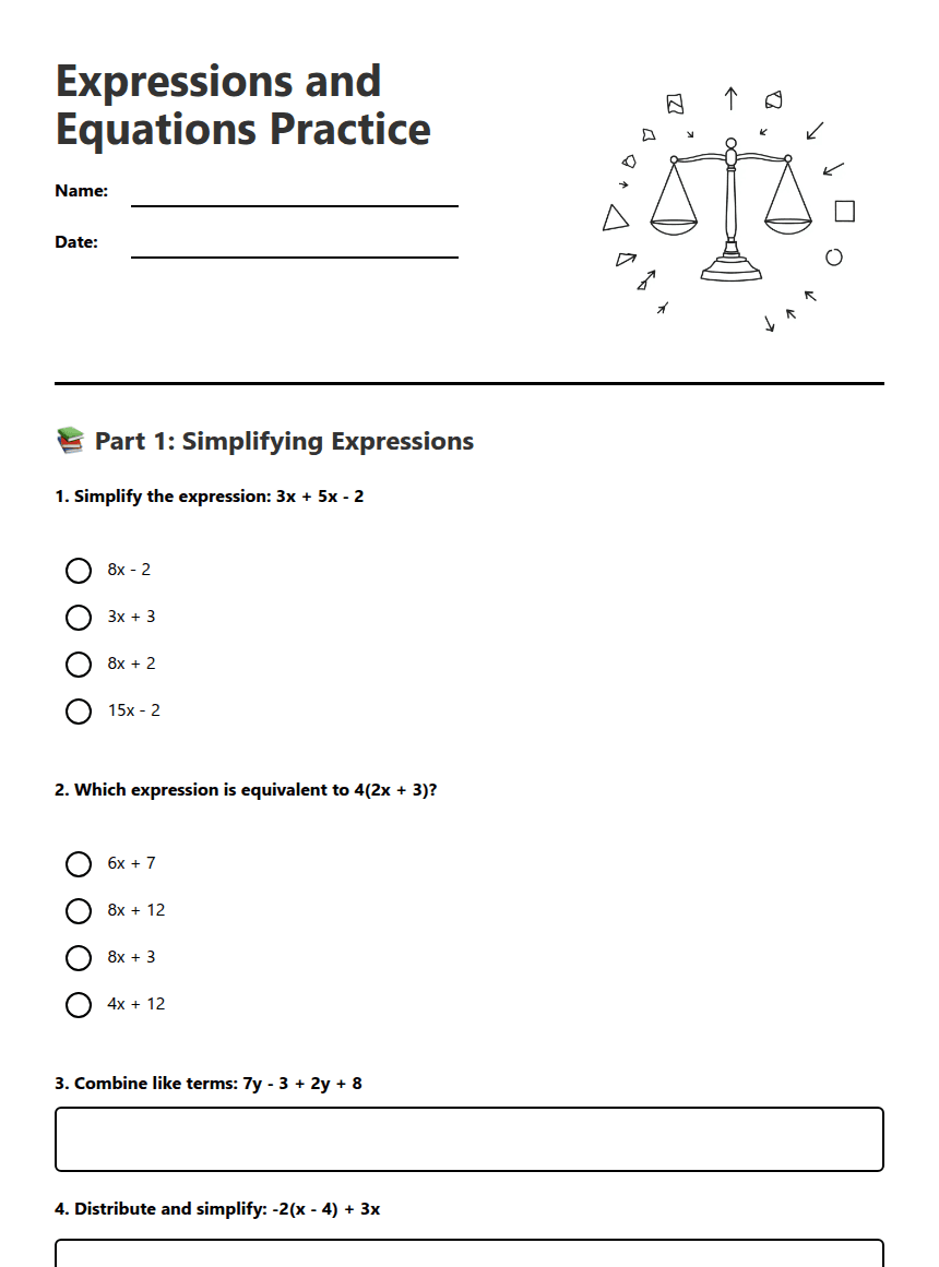 Expressions and Equations Practice worksheet preview