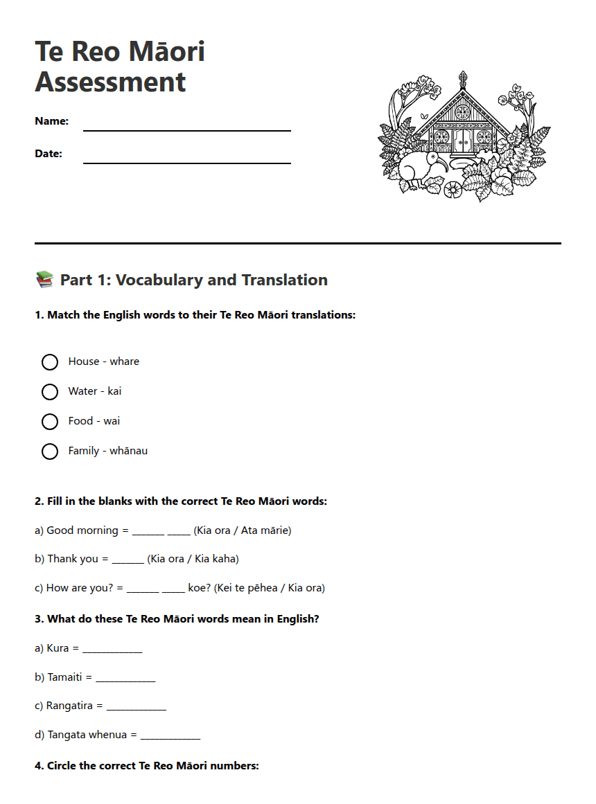 Te Reo Māori Assessment worksheet preview