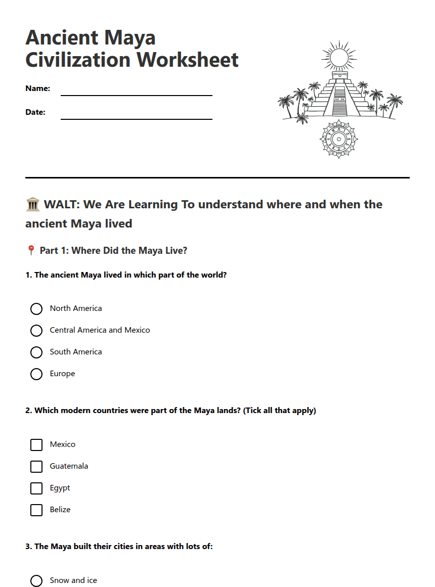 Ancient Maya Civilization Worksheet worksheet preview