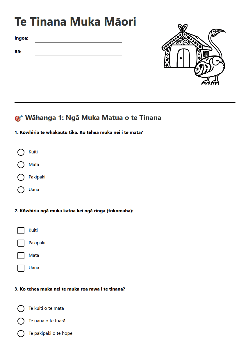 Te Tinana Muka Māori worksheet preview