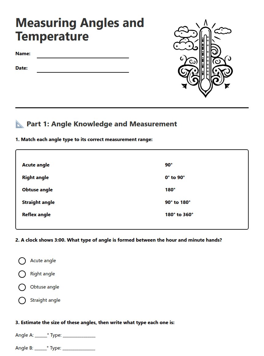 Measuring Angles and Temperature worksheet preview