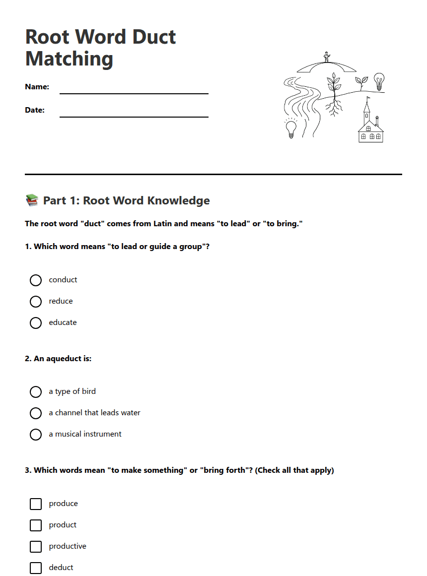 Root Word Duct Matching worksheet preview
