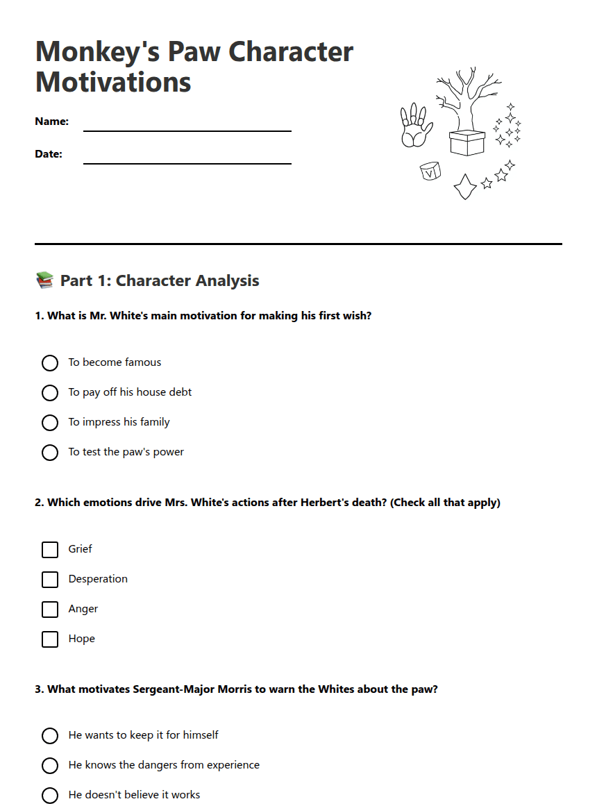 Monkey's Paw Character Motivations worksheet preview