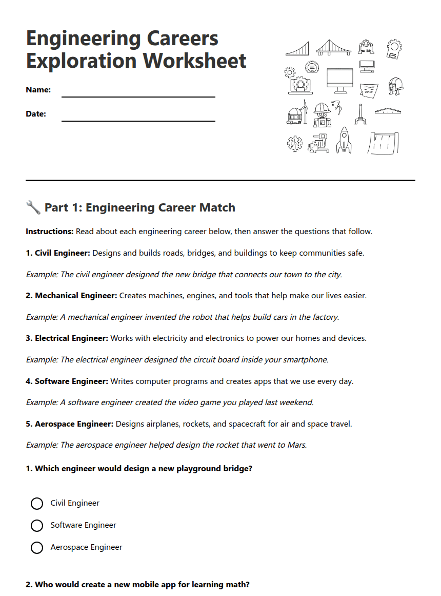Engineering Careers Exploration Worksheet worksheet preview