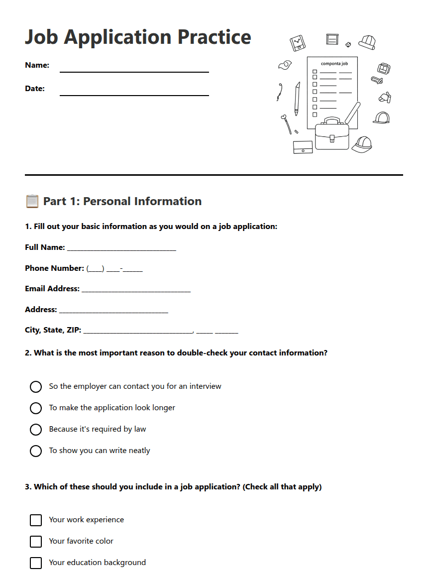 Job Application Practice worksheet preview