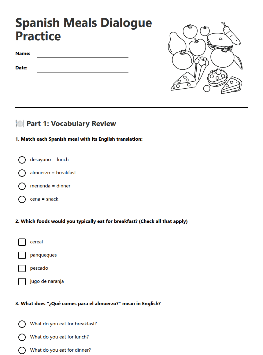 Spanish Meals Dialogue Practice worksheet preview