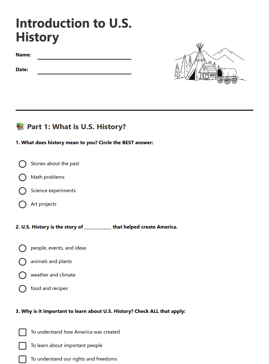 Introduction to U.S. History worksheet preview