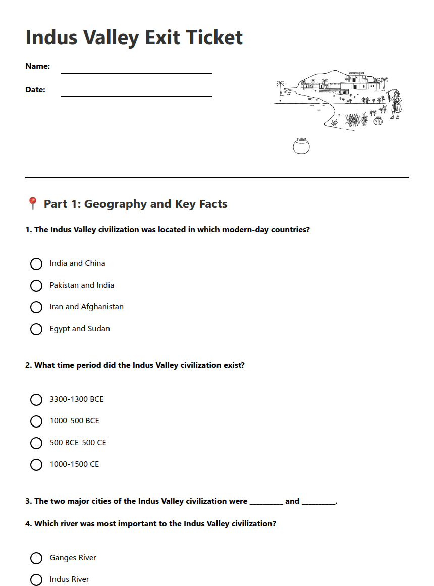 Indus Valley Exit Ticket worksheet preview
