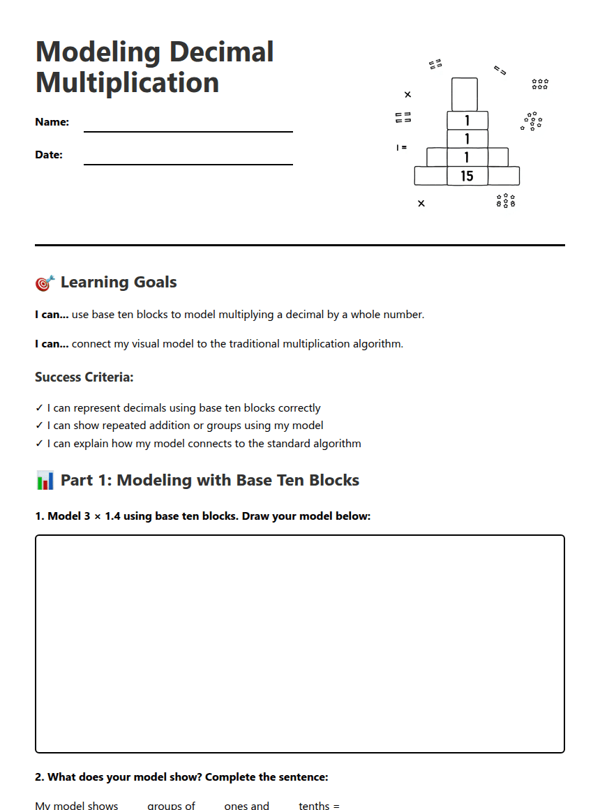 Modeling Decimal Multiplication worksheet preview