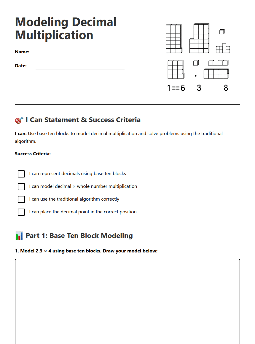 Modeling Decimal Multiplication worksheet preview