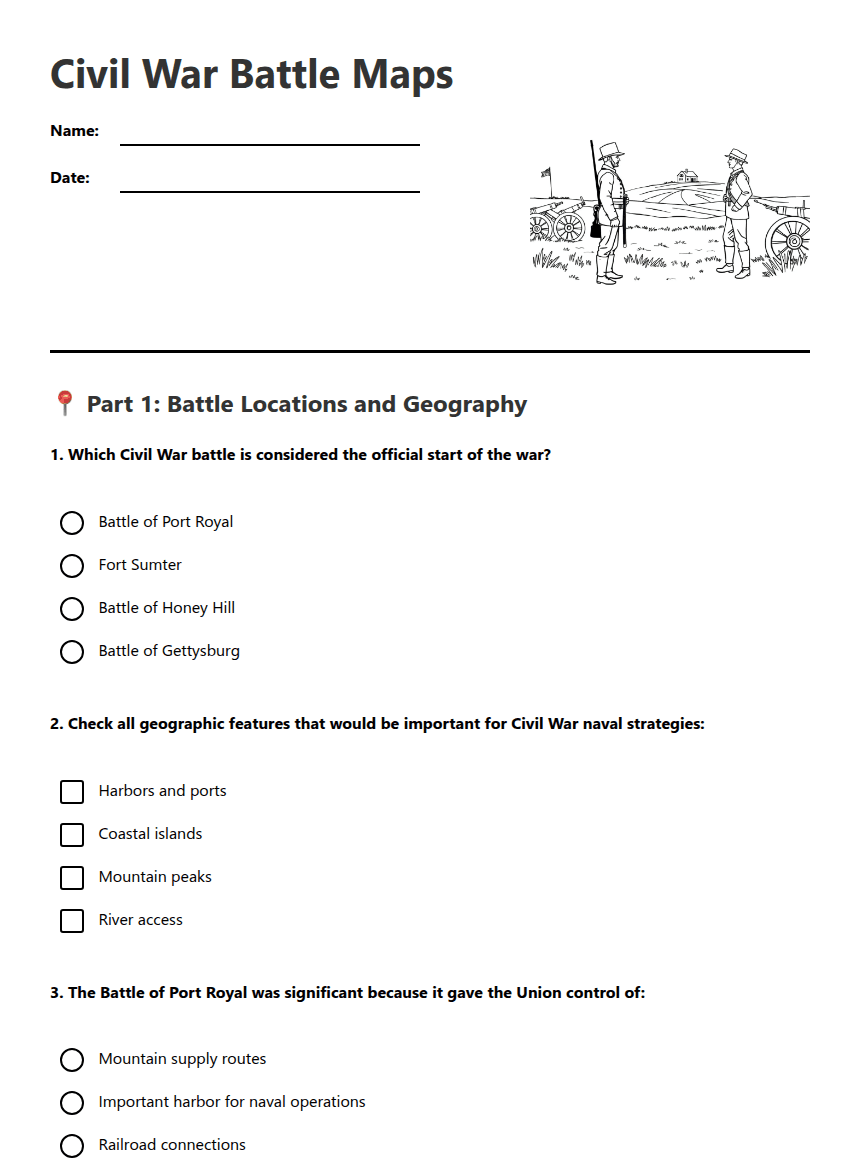 Civil War Battle Maps worksheet preview
