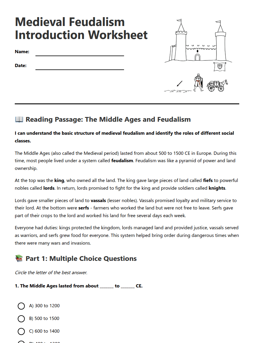 Medieval Feudalism Introduction Worksheet worksheet preview
