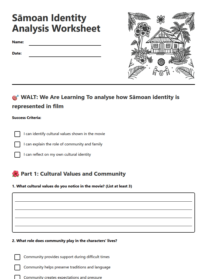 Sāmoan Identity Analysis Worksheet worksheet preview